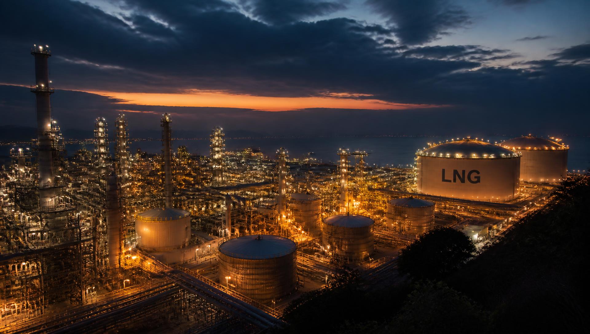 Refinery and LNG storage terminal illuminated at dusk