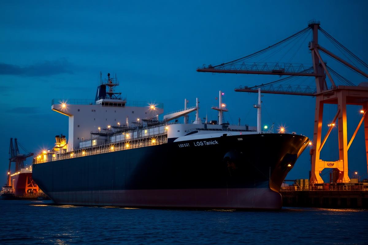 LNG tanker berthed at a marine loading terminal at blue hour