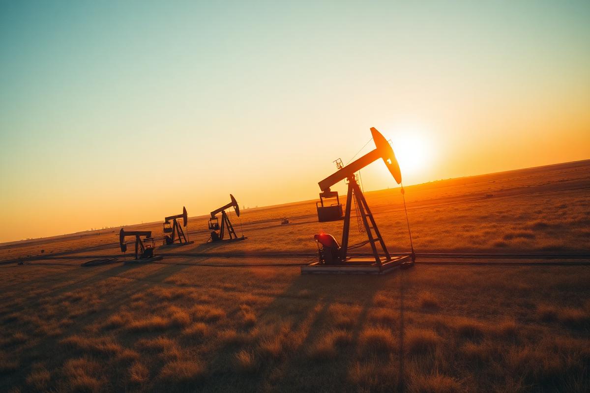 Row of pumpjacks operating on open plains at sunset